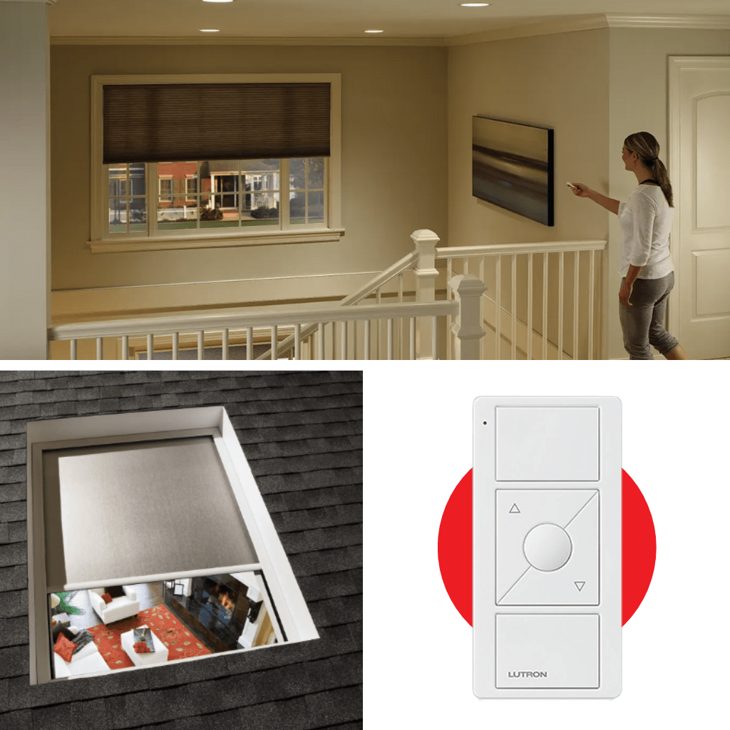 A photo of a two storey home with a window by the stairs that is hard to reach. A woman is using a remote control to close the window shades. The second photo is a ceiling window with a shade. The third photo is an example of a Lutron window shade remote.